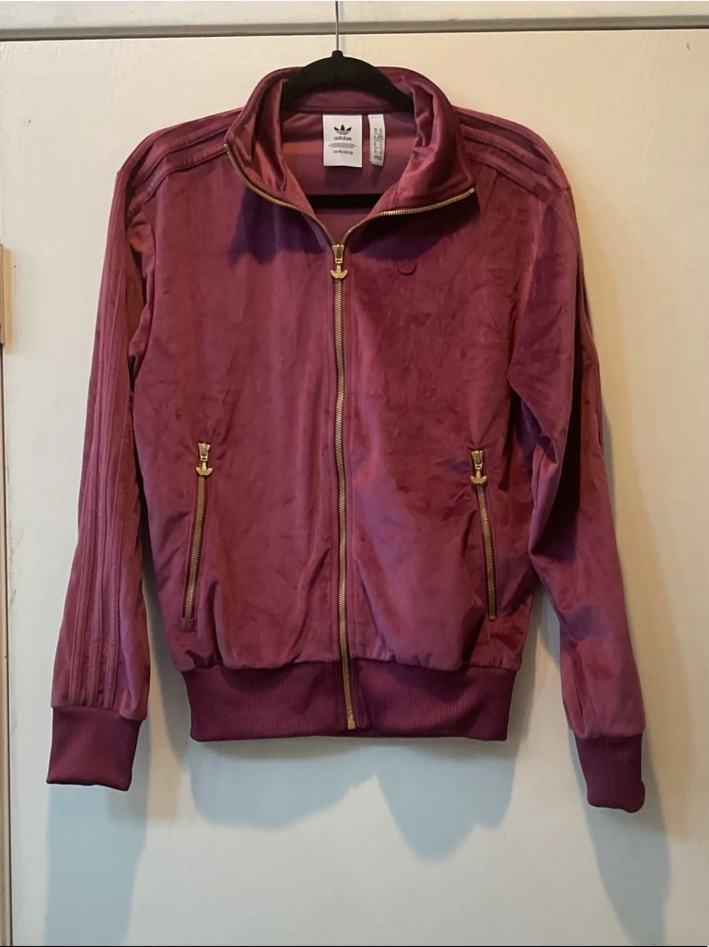 Adidas  Men’s  Burgundy Velour Bomber Jacket with Gold Zipper
